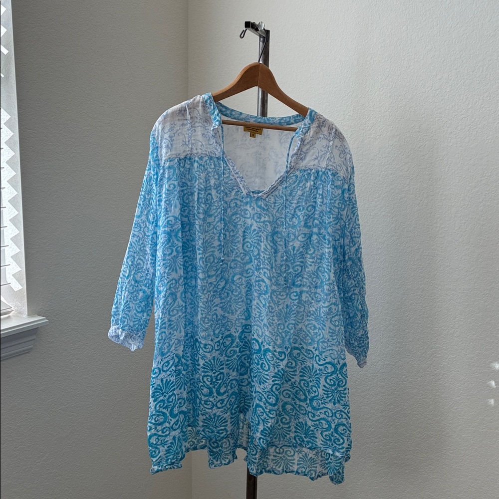 Roberta Roller Rabbit blue white print tunic EUC boho bohemian hippie anthro